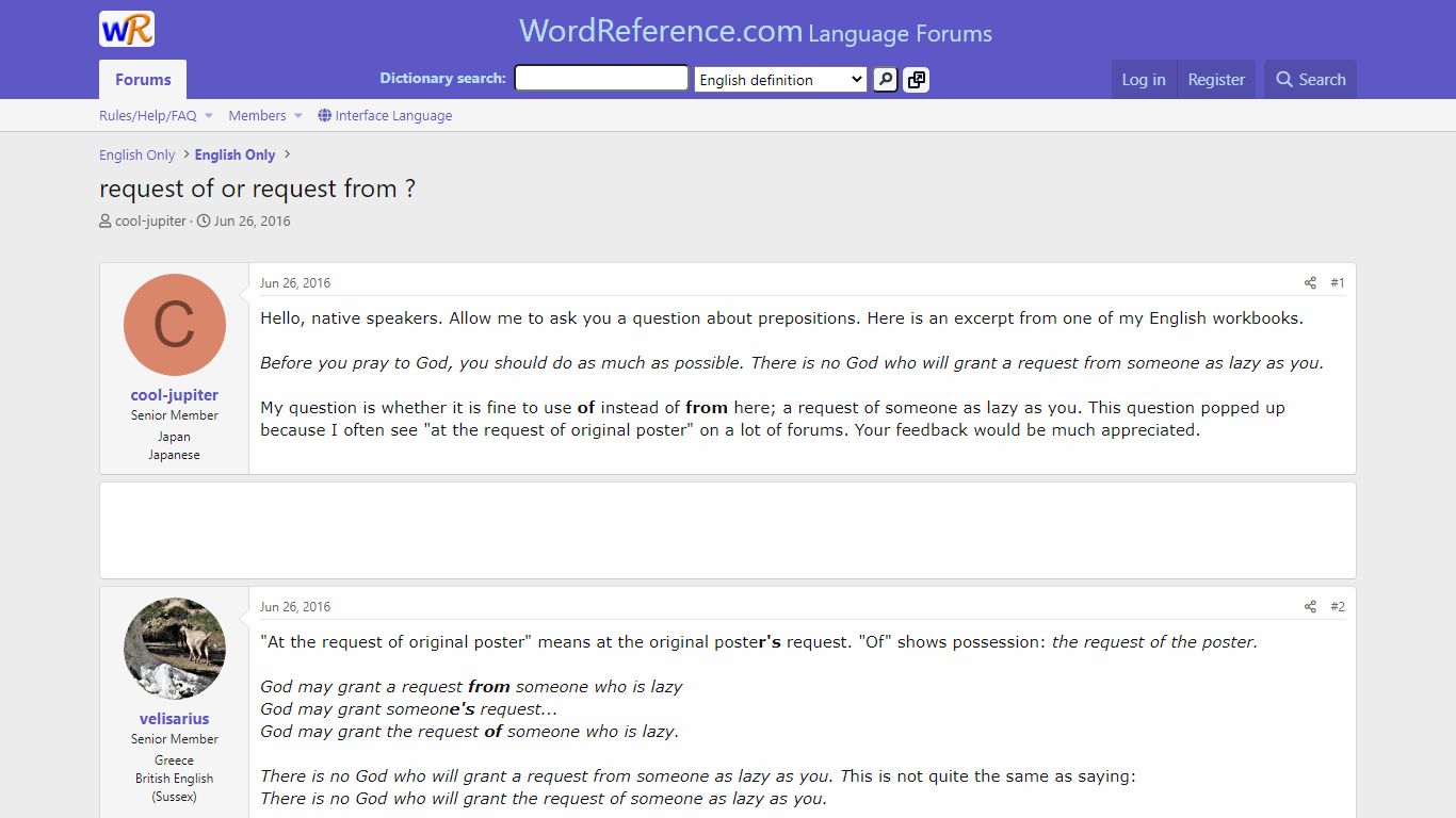 request of or request from ? | WordReference Forums